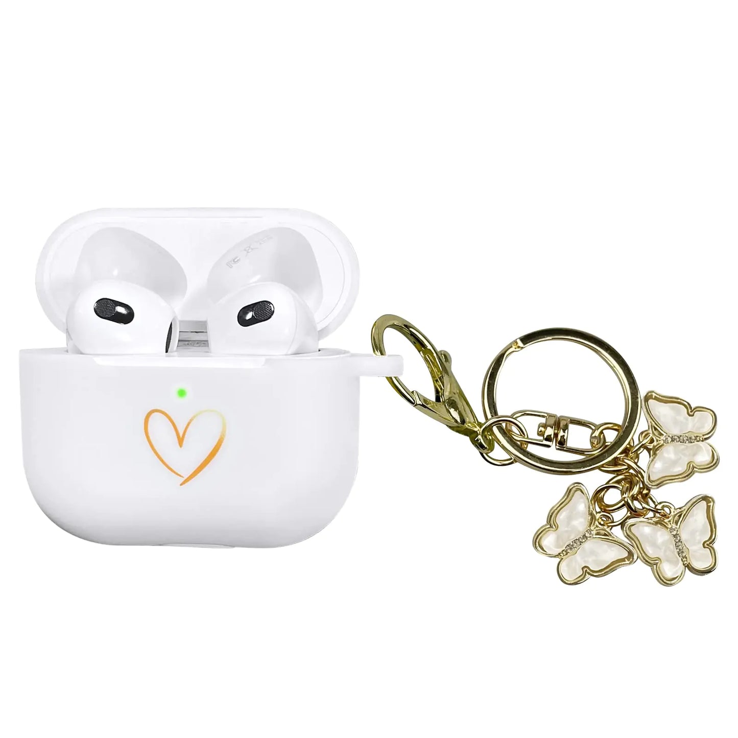 AIIEKZ Compatible with AirPods 3 Case Cover 2021 Soft Silicone Case with Gold Heart Pattern for AirPods 3rd Generation Case with Cute Butterfly Keychain for Girls Women (White)